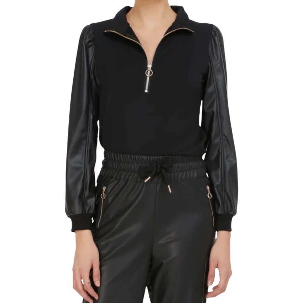 Black 1/4 Zip-Up Top with Faux Leather Sleeves Size Large